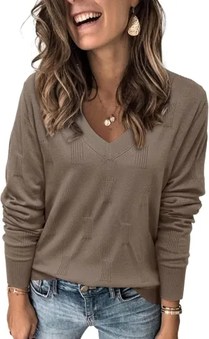 Arach&Cloz Women 2025 Fashion V Neck Long Sleeve Shirts Blouse Knit Casual Pullover Spring Sweater Top Cozy Clouds XS-3XL