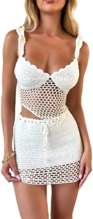 Argeousgor Women Sexy Two Piece Skirt Sets Strapless Hollow Out Tube Tops Bodycon Mini Skirts Night Party Club Outfit