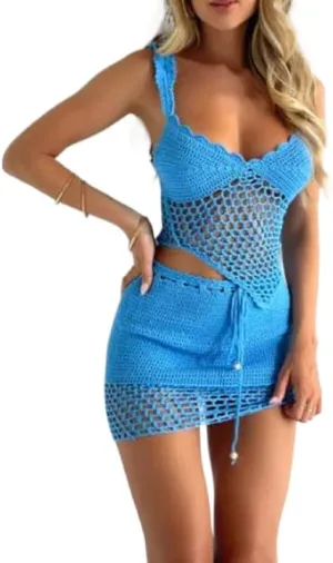Argeousgor Women Sexy Two Piece Skirt Sets Strapless Hollow Out Tube Tops Bodycon Mini Skirts Night Party Club Outfit