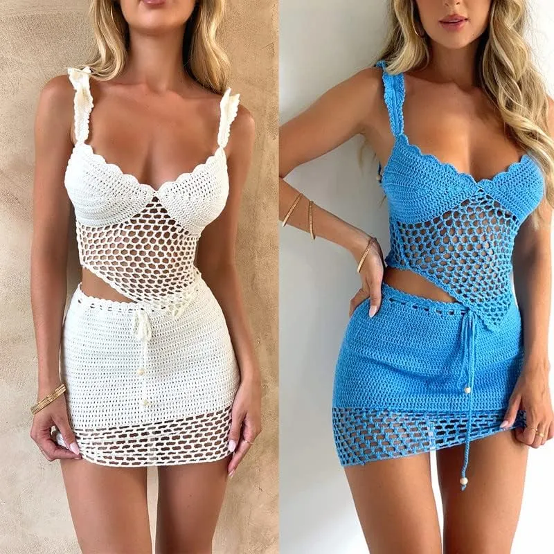 Argeousgor Women Sexy Two Piece Skirt Sets Strapless Hollow Out Tube Tops Bodycon Mini Skirts Night Party Club Outfit
