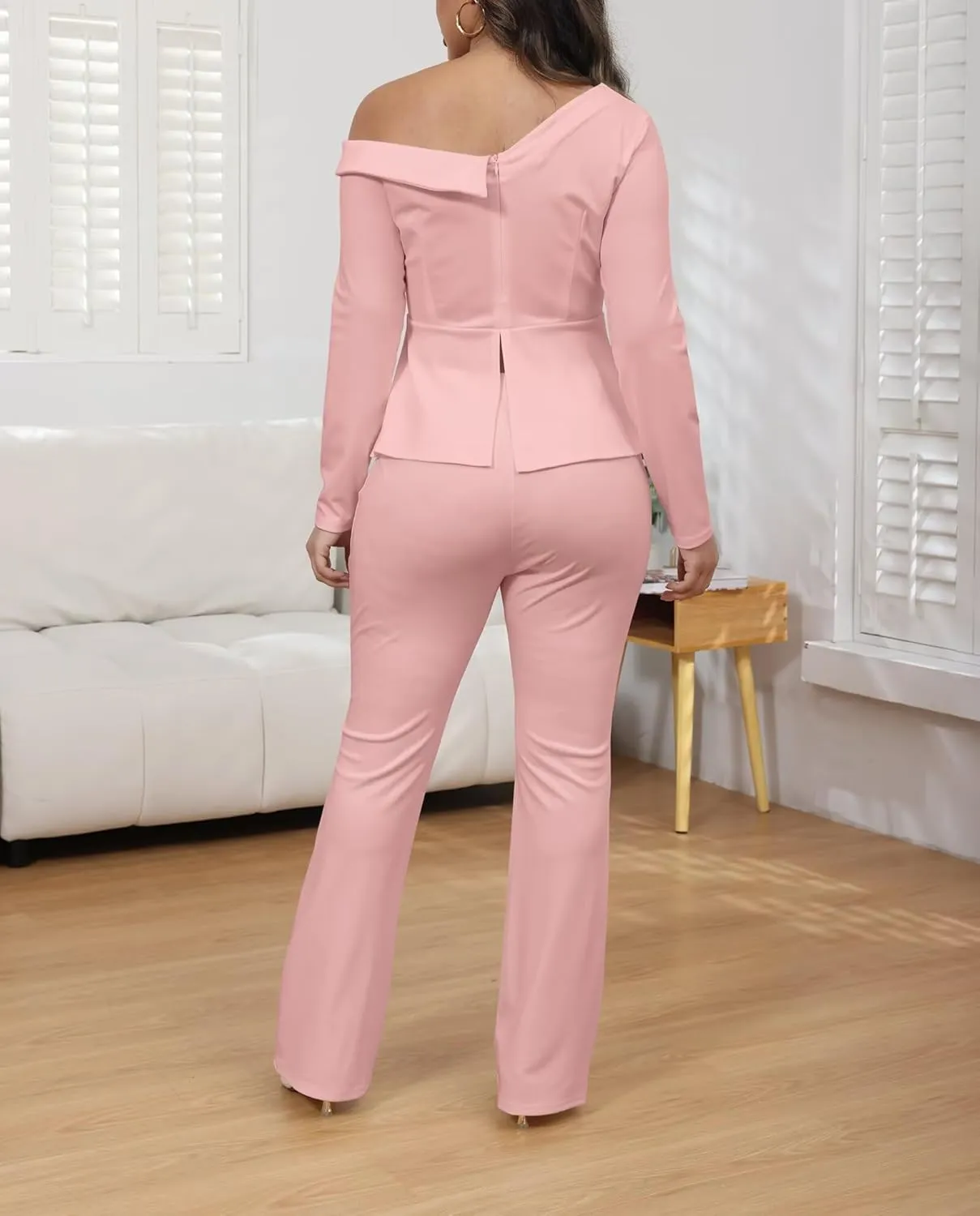Aro Lora Womens Sexy 2 Piece Outfits One Off Shoulder Long Sleeve Slit Peplum Top and Flare Pant Suit Set