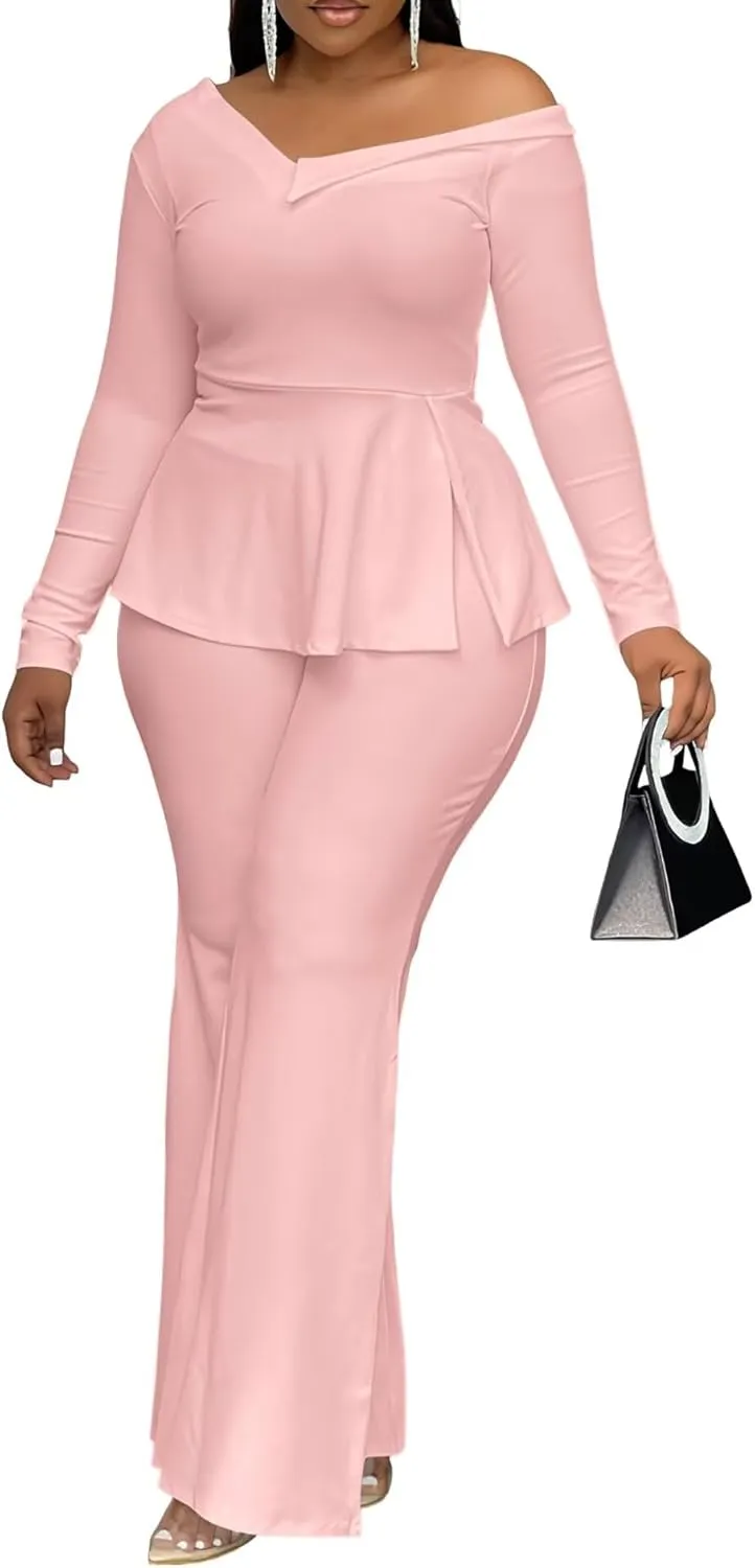 Aro Lora Womens Sexy 2 Piece Outfits One Off Shoulder Long Sleeve Slit Peplum Top and Flare Pant Suit Set