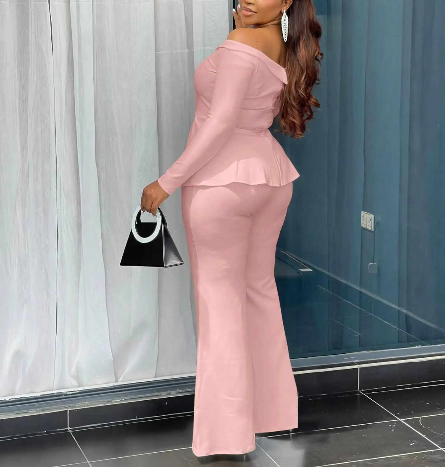 Aro Lora Womens Sexy 2 Piece Outfits One Off Shoulder Long Sleeve Slit Peplum Top and Flare Pant Suit Set