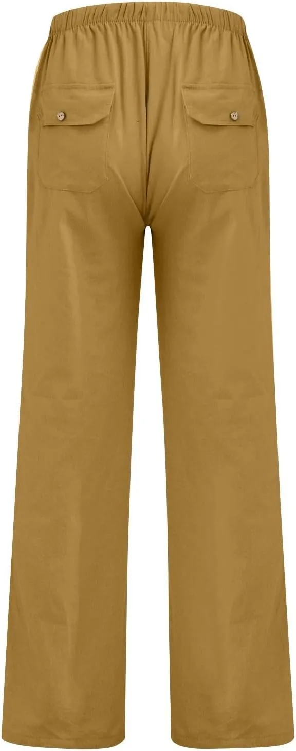 Baggy Linen Pants Women Plus Size 5XL Drawstring Elastic Palazzo Pants Summer Wide Leg Beach Trousers with Pockets
