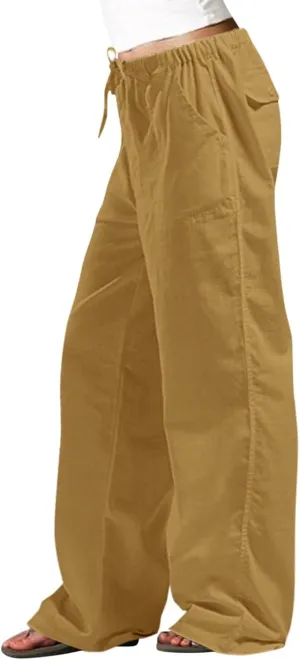 Baggy Linen Pants Women Plus Size 5XL Drawstring Elastic Palazzo Pants Summer Wide Leg Beach Trousers with Pockets