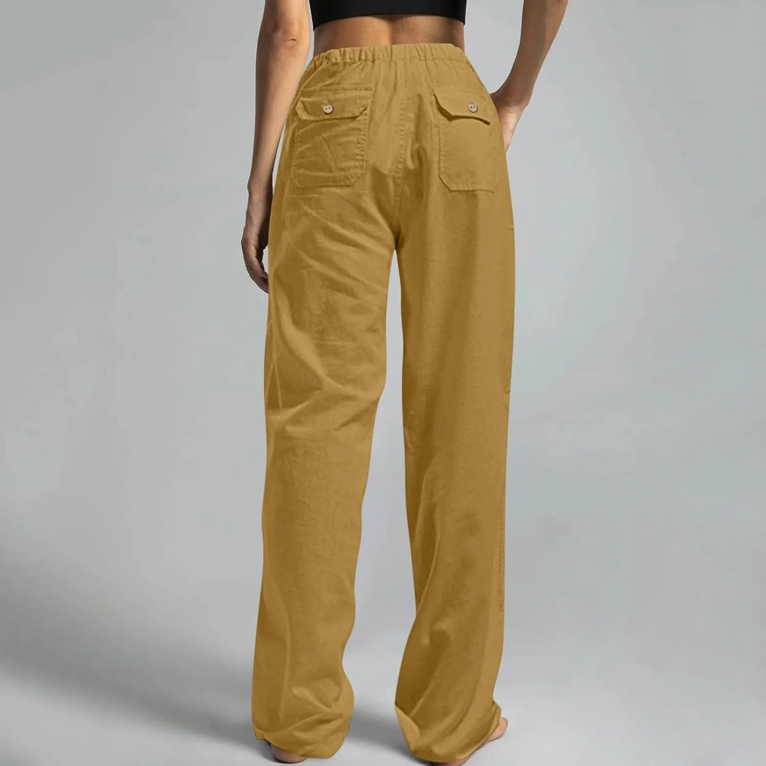 Baggy Linen Pants Women Plus Size 5XL Drawstring Elastic Palazzo Pants Summer Wide Leg Beach Trousers with Pockets