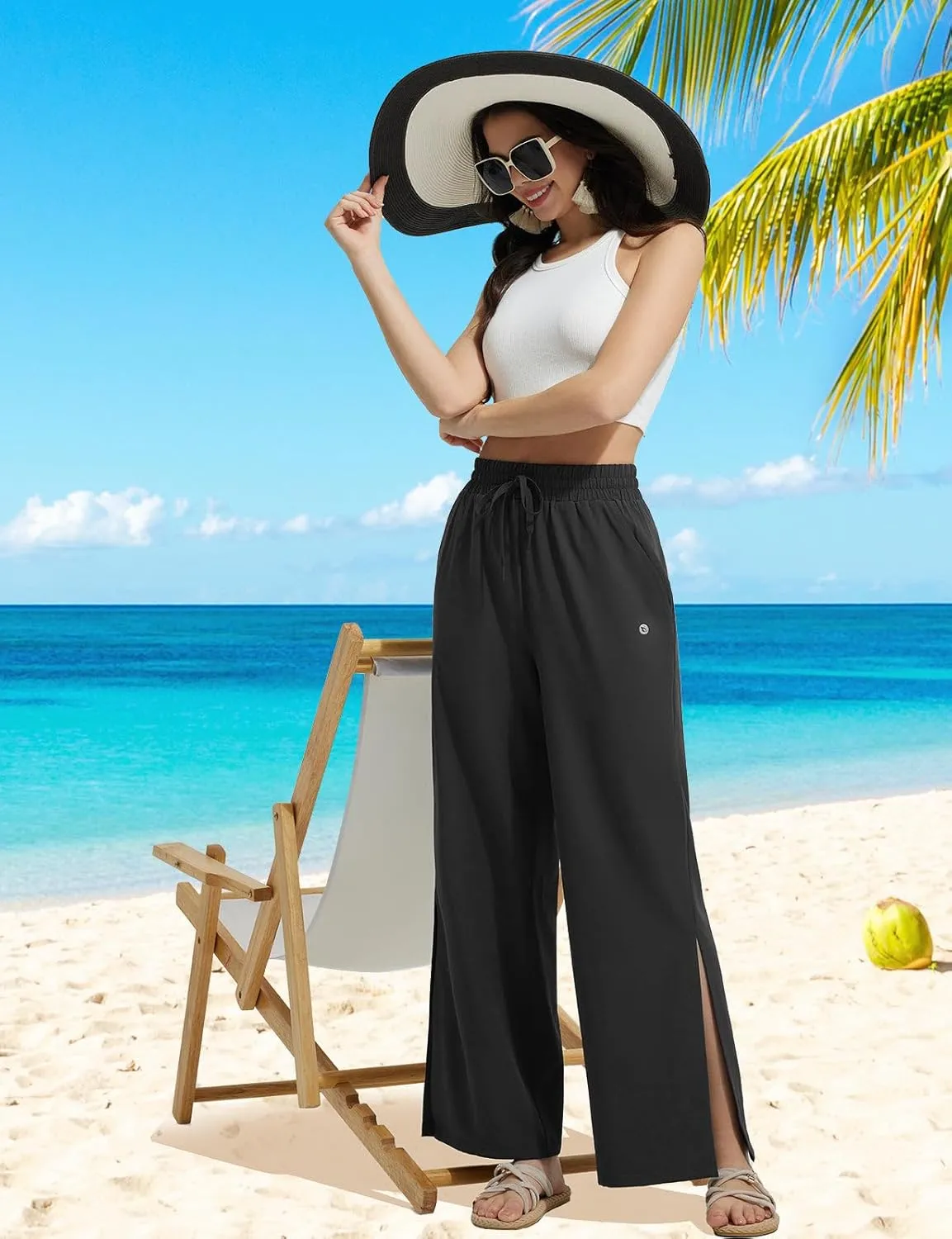 baleaf Women's Wide Leg Swim Pants UPF50  Long Beach Pants High Waisted Lightweight Quick Dry Flowy Swim Capris with Pockets