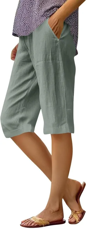 Bermuda Shorts for Women Knee Length Cotton Linen Capris Lightweight Summer Straight Leg Cropped Pants with Pockets