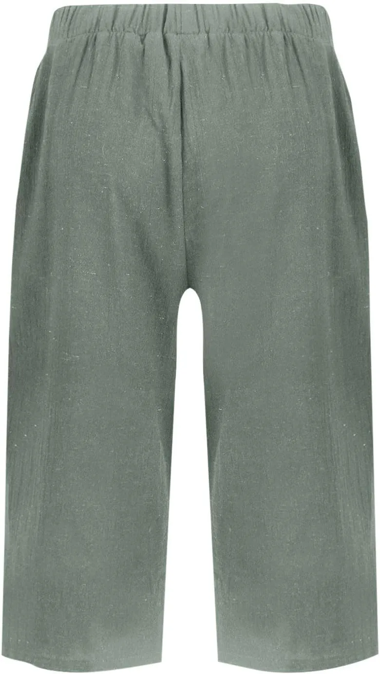 Bermuda Shorts for Women Knee Length Cotton Linen Capris Lightweight Summer Straight Leg Cropped Pants with Pockets