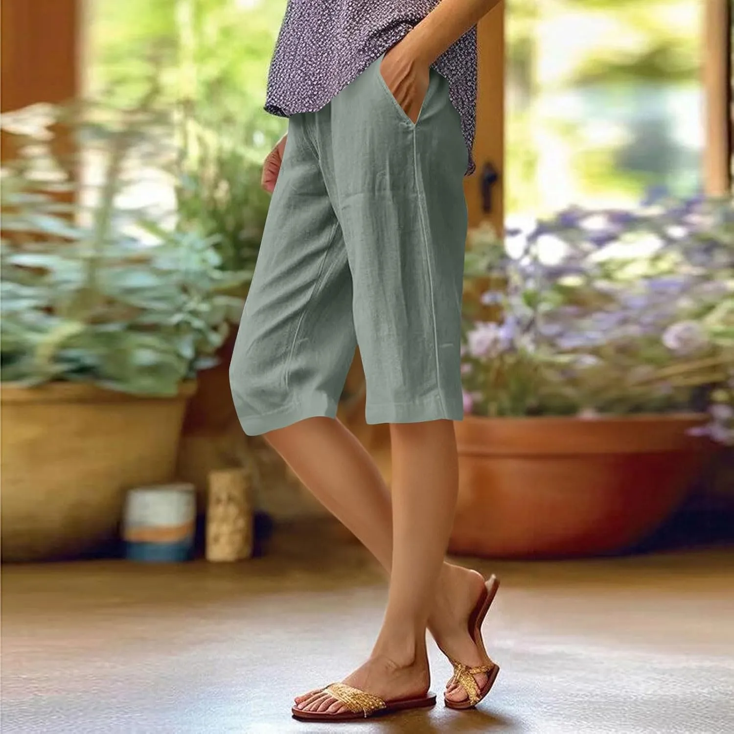 Bermuda Shorts for Women Knee Length Cotton Linen Capris Lightweight Summer Straight Leg Cropped Pants with Pockets