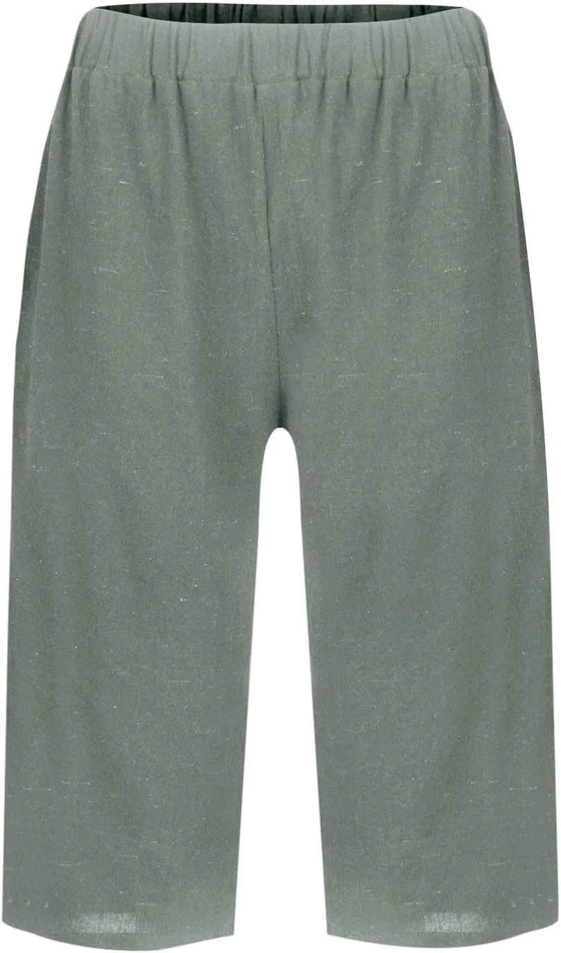 Bermuda Shorts for Women Knee Length Cotton Linen Capris Lightweight Summer Straight Leg Cropped Pants with Pockets