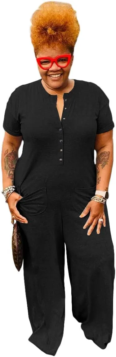 BFFBABY Plus Size Jumpsuits for Women Casual Short Sleeve Button-Down Loose Solid Stretchy Wide Leg Long Romper Loungewear