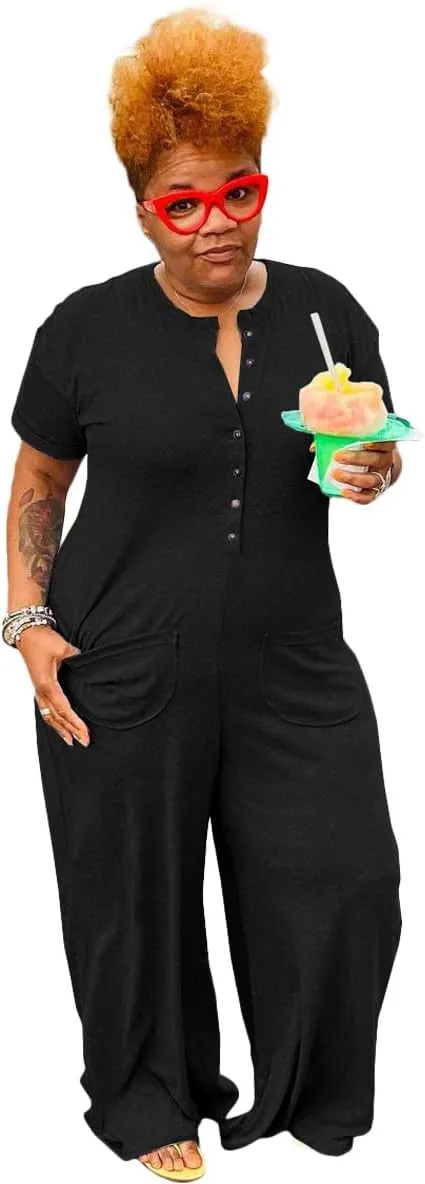 BFFBABY Plus Size Jumpsuits for Women Casual Short Sleeve Button-Down Loose Solid Stretchy Wide Leg Long Romper Loungewear