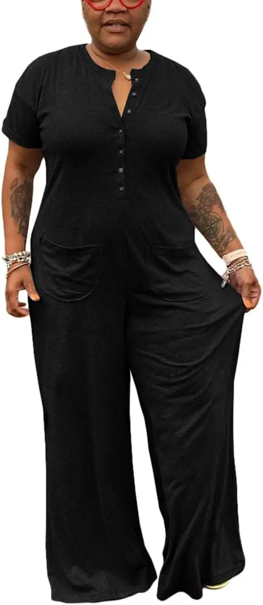 BFFBABY Plus Size Jumpsuits for Women Casual Short Sleeve Button-Down Loose Solid Stretchy Wide Leg Long Romper Loungewear
