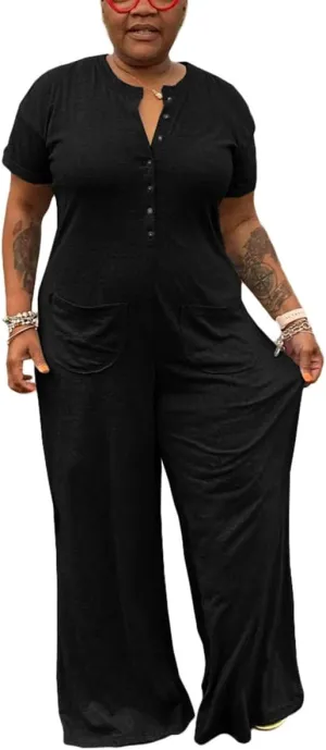 BFFBABY Plus Size Jumpsuits for Women Casual Short Sleeve Button-Down Loose Solid Stretchy Wide Leg Long Romper Loungewear