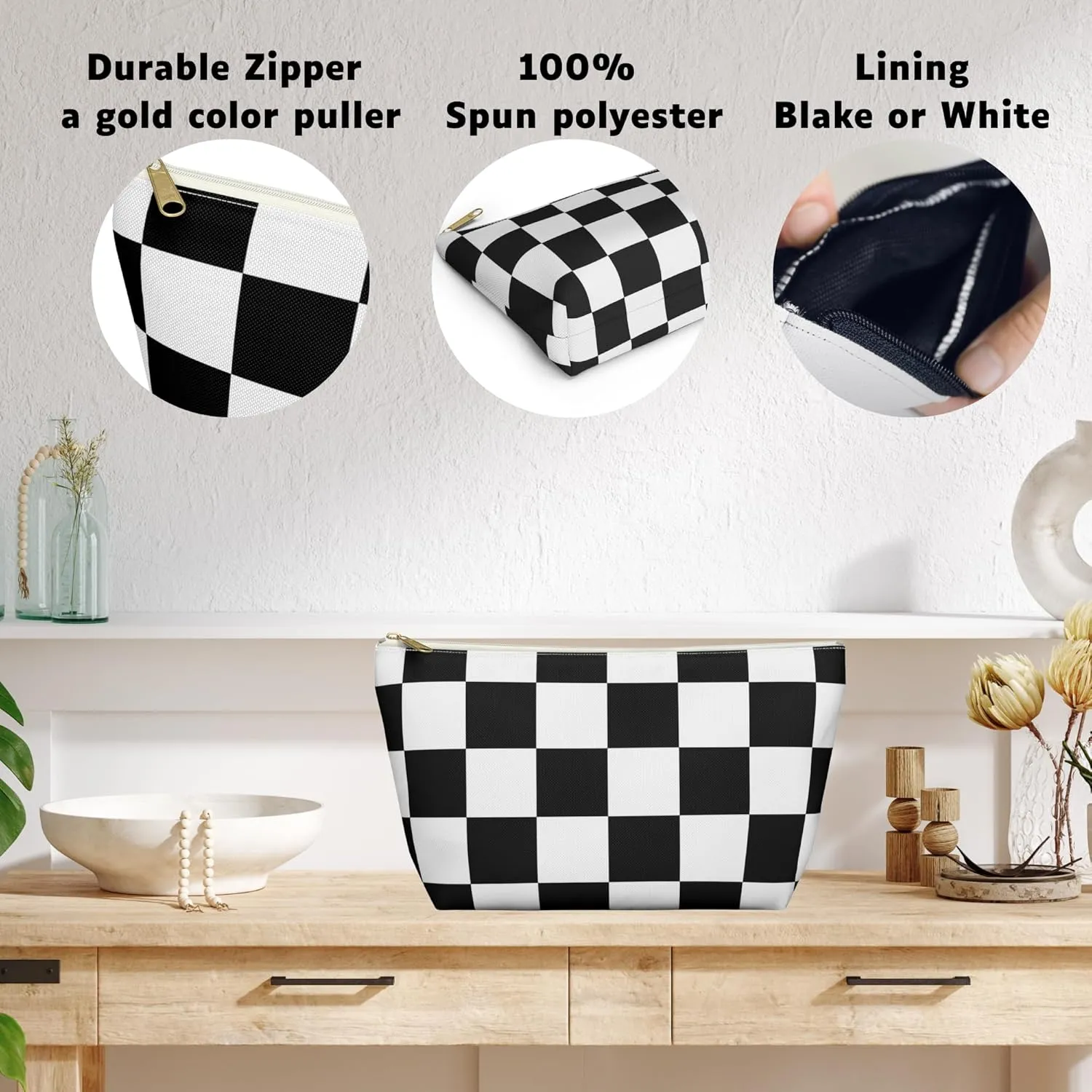 Black and White Checkered Accessory Pouch  Stylish Zippered Makeup Bag, Travel Cosmetic Bag, Pencil Case for Women & Men (Black Checkered, Large)