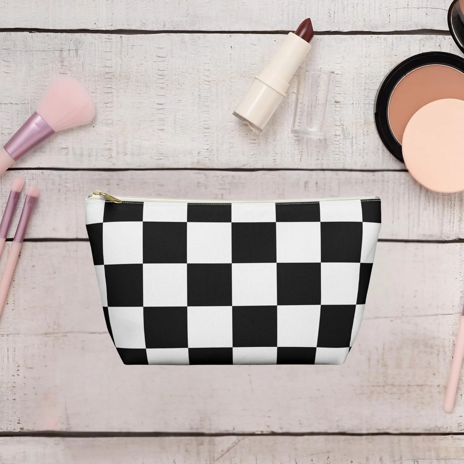 Black and White Checkered Accessory Pouch  Stylish Zippered Makeup Bag, Travel Cosmetic Bag, Pencil Case for Women & Men (Black Checkered, Large)