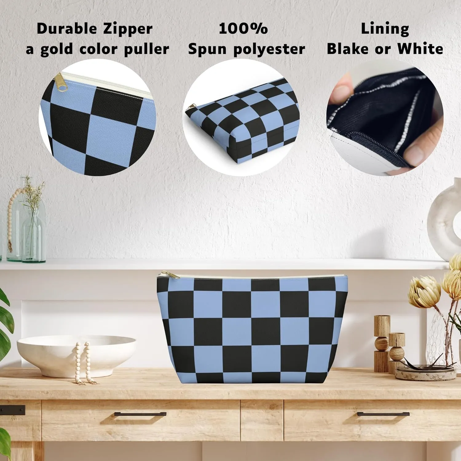 Black and White Checkered Accessory Pouch  Stylish Zippered Makeup Bag, Travel Cosmetic Bag, Pencil Case for Women & Men (Blue Checkered, Large)