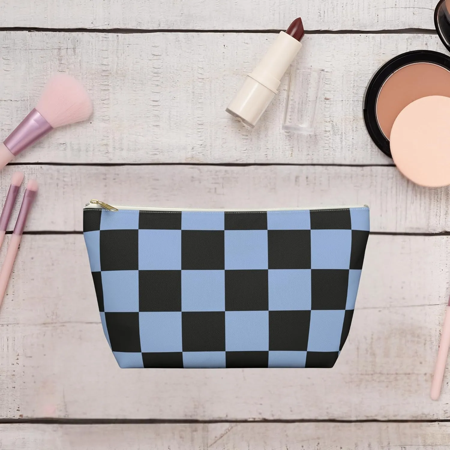 Black and White Checkered Accessory Pouch  Stylish Zippered Makeup Bag, Travel Cosmetic Bag, Pencil Case for Women & Men (Blue Checkered, Large)