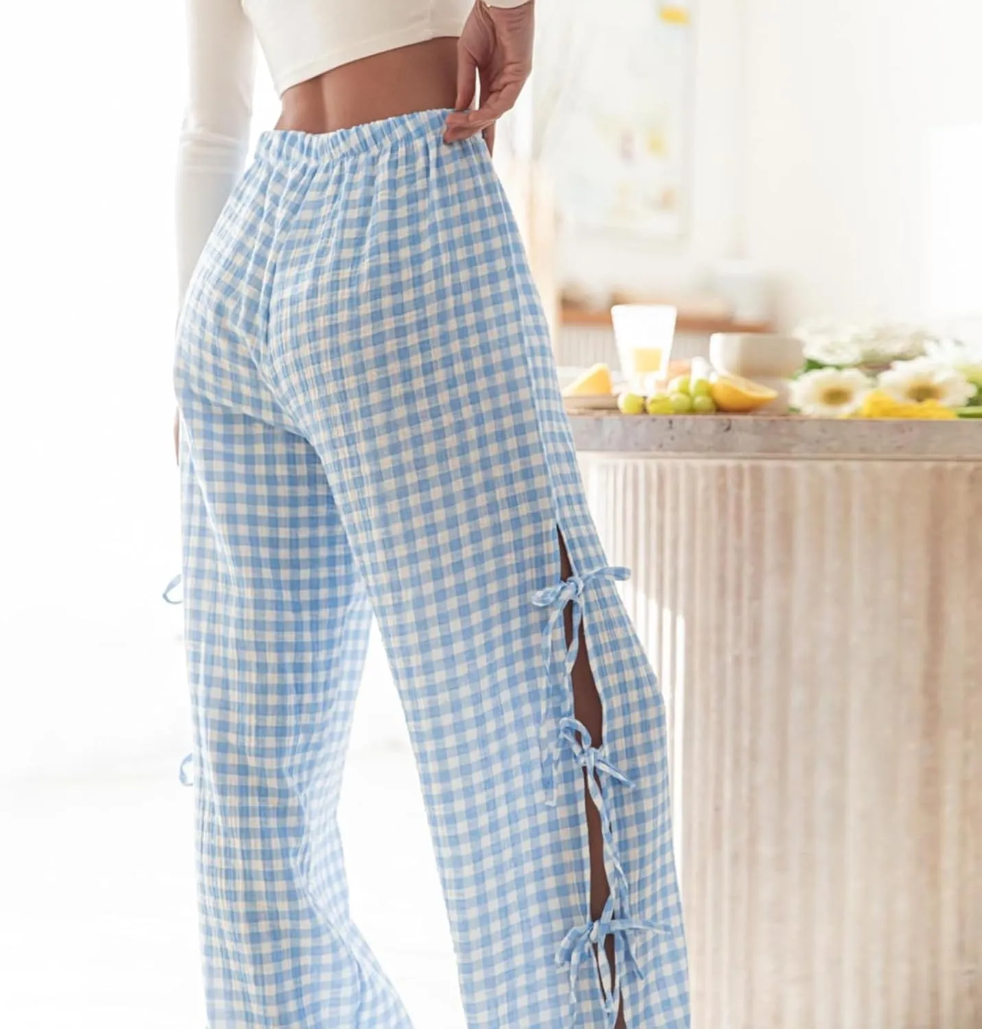 Bow Tie Side Gingham Pants for Women Y2k Plaid High Waist Wide Leg Lounge Trousers Casual Relax Fit Long Pants