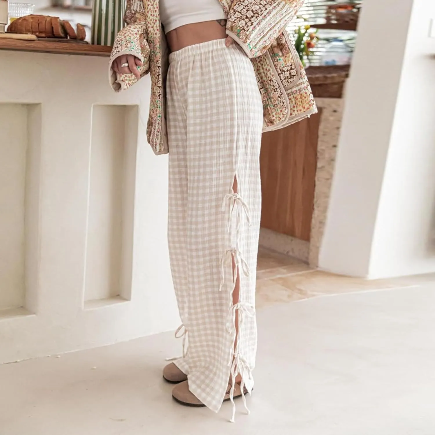 Bow Tie Side Gingham Pants for Women Y2k Plaid High Waist Wide Leg Lounge Trousers Casual Relax Fit Long Pants