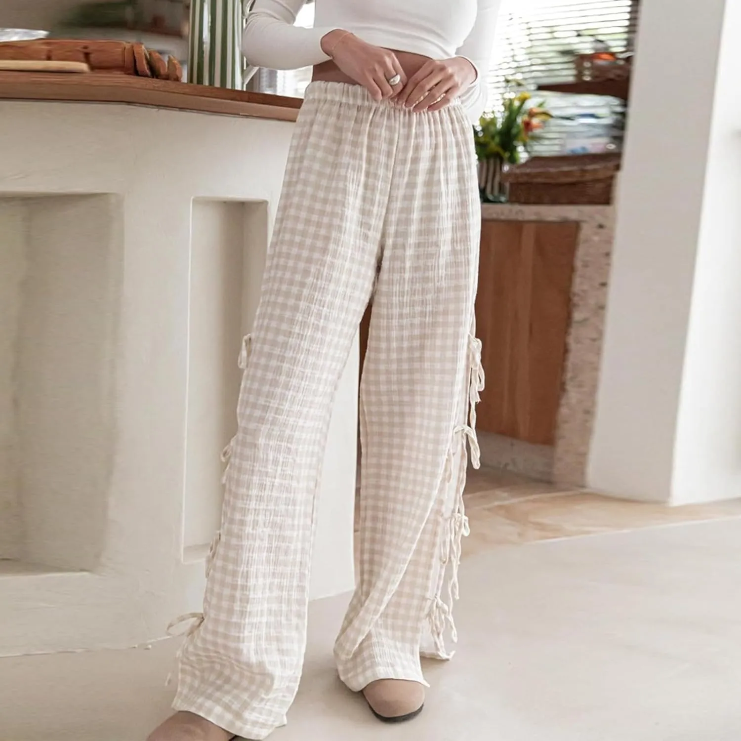 Bow Tie Side Gingham Pants for Women Y2k Plaid High Waist Wide Leg Lounge Trousers Casual Relax Fit Long Pants