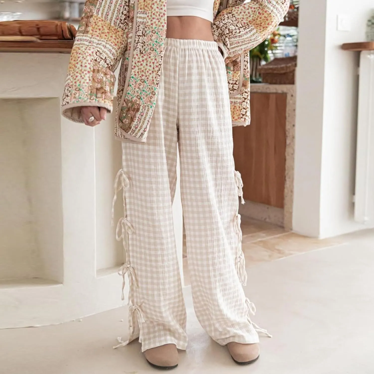 Bow Tie Side Gingham Pants for Women Y2k Plaid High Waist Wide Leg Lounge Trousers Casual Relax Fit Long Pants