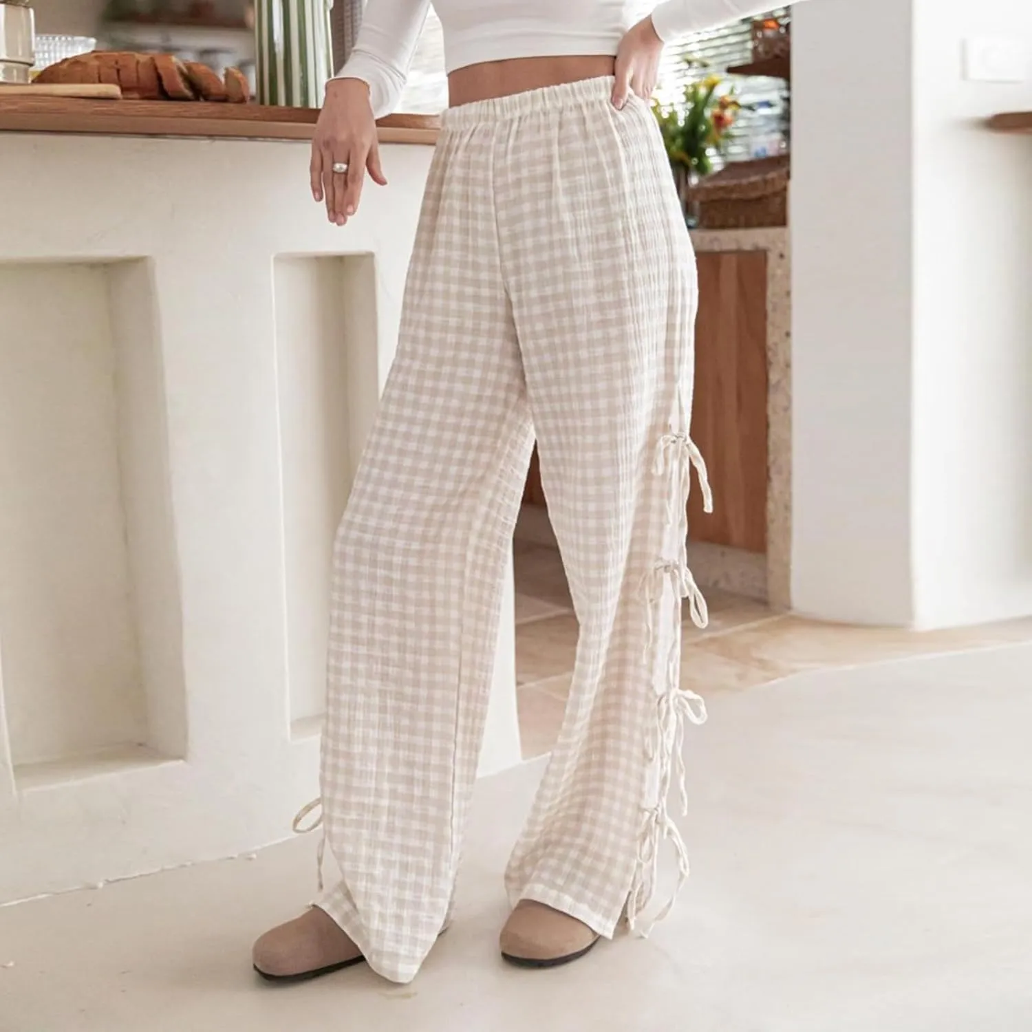 Bow Tie Side Gingham Pants for Women Y2k Plaid High Waist Wide Leg Lounge Trousers Casual Relax Fit Long Pants