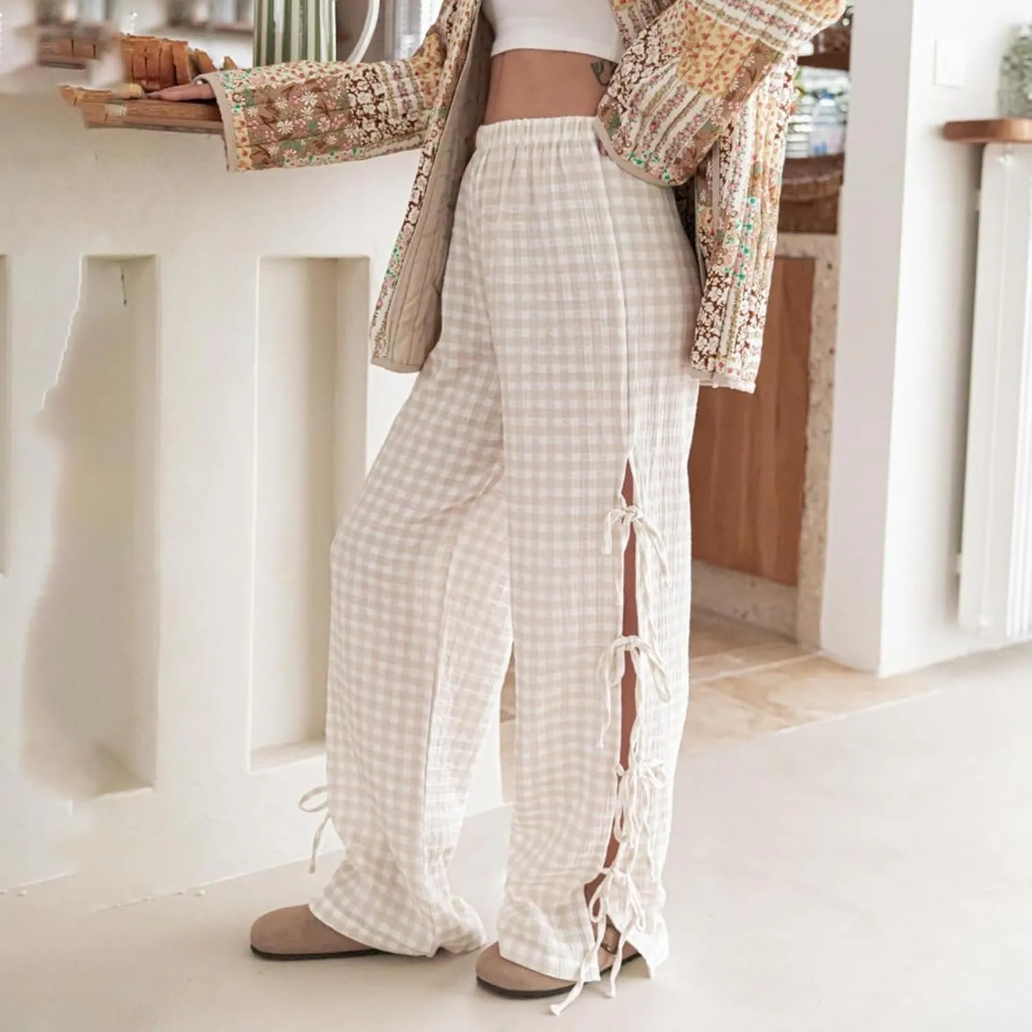Bow Tie Side Gingham Pants for Women Y2k Plaid High Waist Wide Leg Lounge Trousers Casual Relax Fit Long Pants