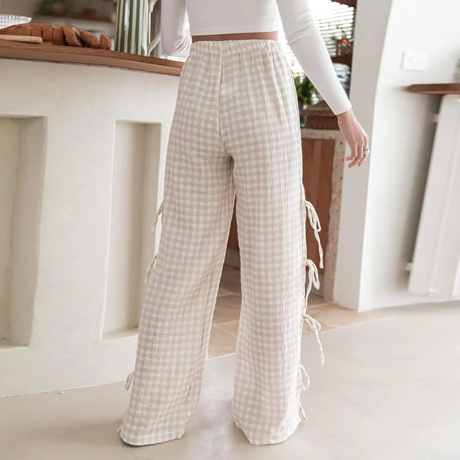 Bow Tie Side Gingham Pants for Women Y2k Plaid High Waist Wide Leg Lounge Trousers Casual Relax Fit Long Pants