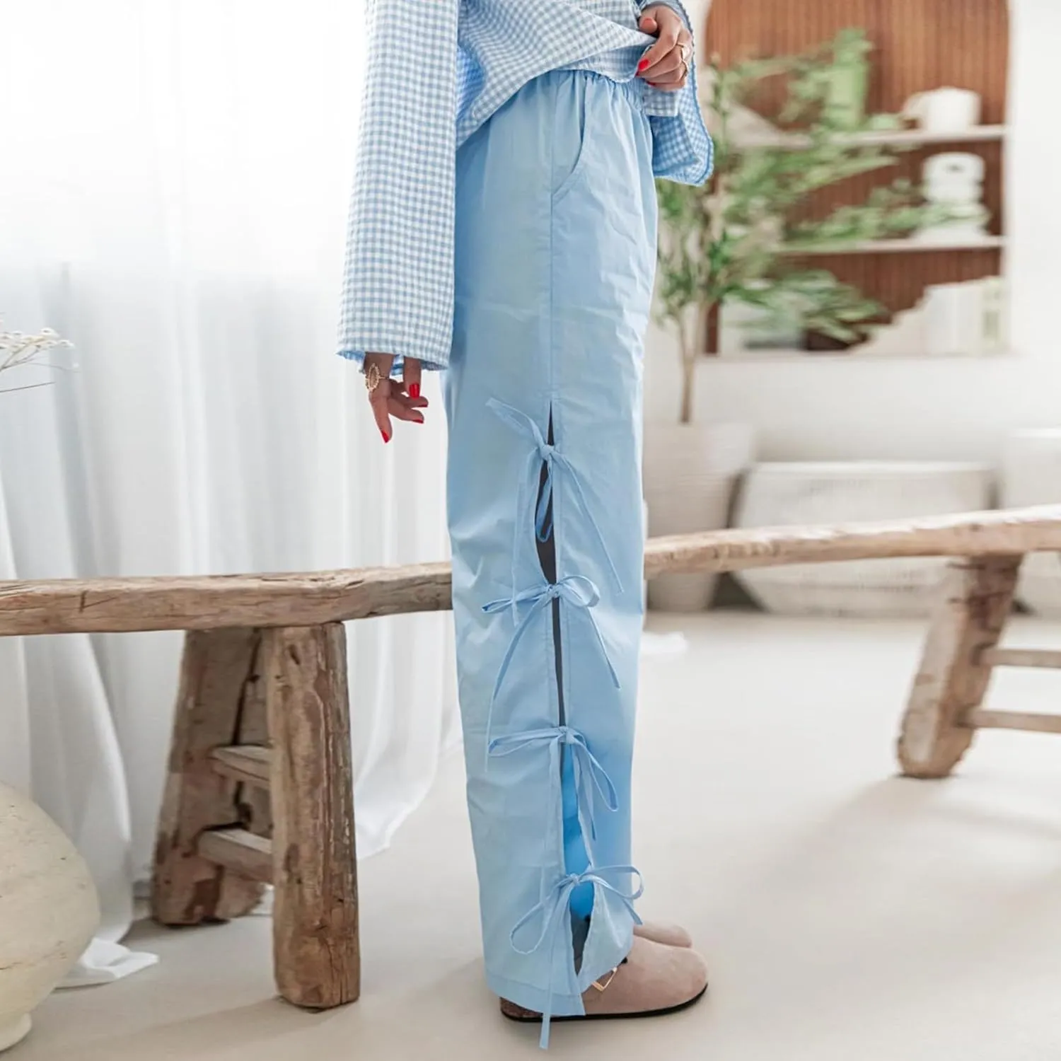 Bow Tie Side Gingham Pants for Women Y2k Plaid High Waist Wide Leg Lounge Trousers Casual Relax Fit Long Pants