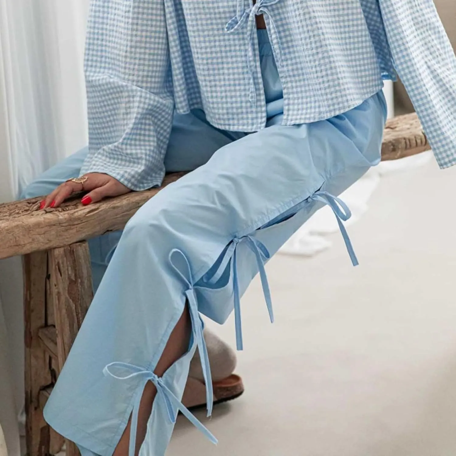 Bow Tie Side Gingham Pants for Women Y2k Plaid High Waist Wide Leg Lounge Trousers Casual Relax Fit Long Pants