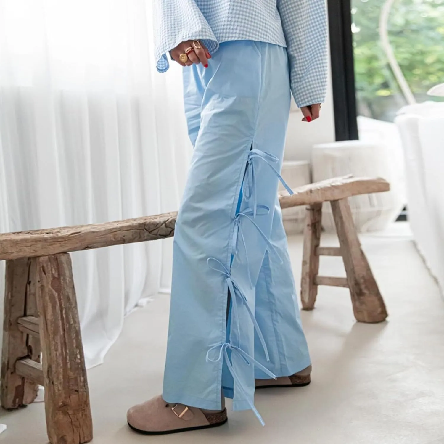 Bow Tie Side Gingham Pants for Women Y2k Plaid High Waist Wide Leg Lounge Trousers Casual Relax Fit Long Pants