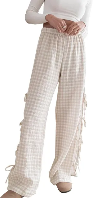 Bow Tie Side Gingham Pants for Women Y2k Plaid High Waist Wide Leg Lounge Trousers Casual Relax Fit Long Pants