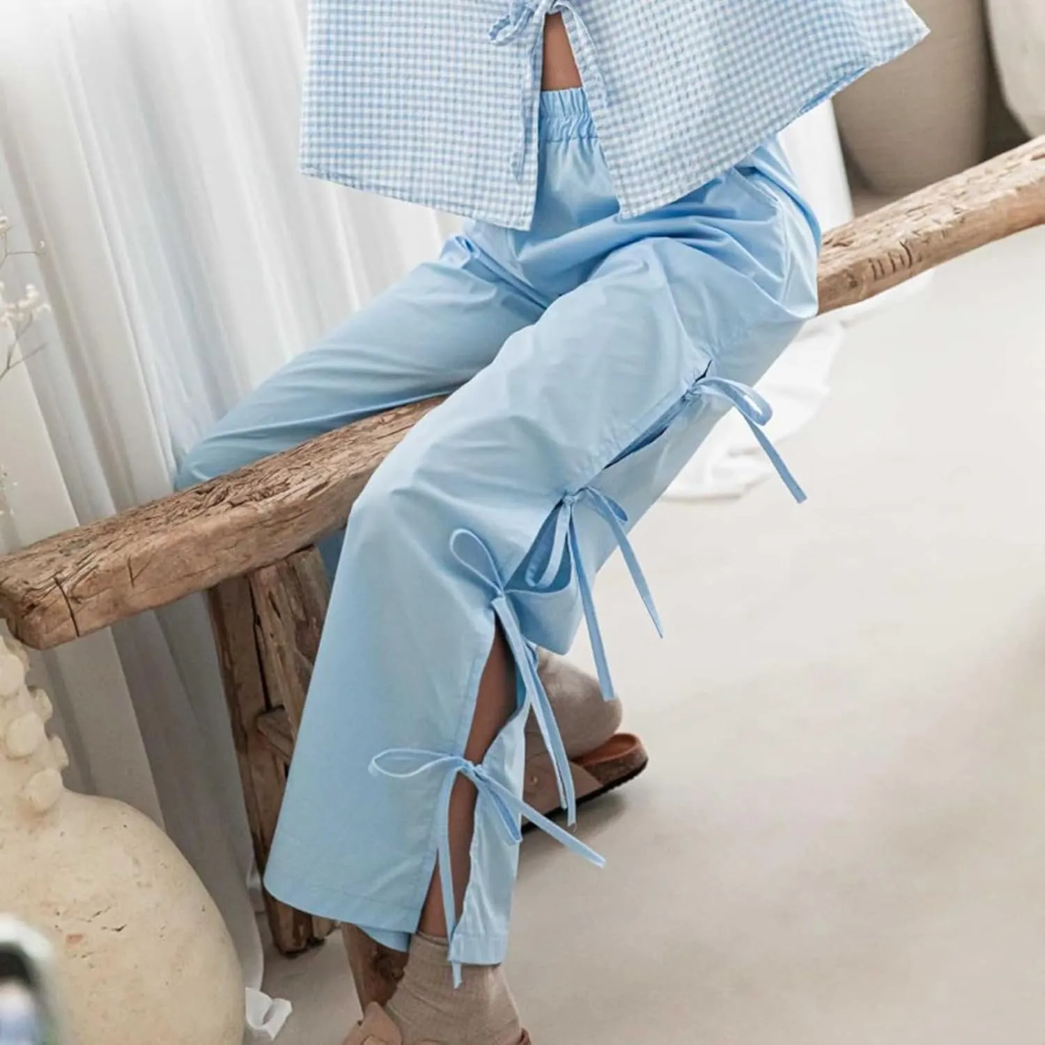 Bow Tie Side Gingham Pants for Women Y2k Plaid High Waist Wide Leg Lounge Trousers Casual Relax Fit Long Pants