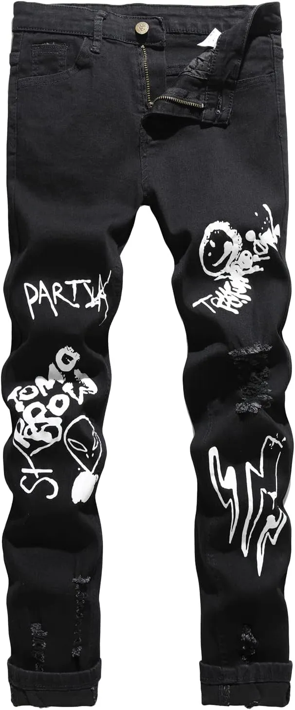 Boy's Skinny Fit Ripped Destroyed Distressed Stretch Slim Jeans Pants