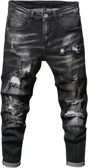 Boy's Skinny Fit Ripped Destroyed Distressed Stretch Slim Jeans Pants
