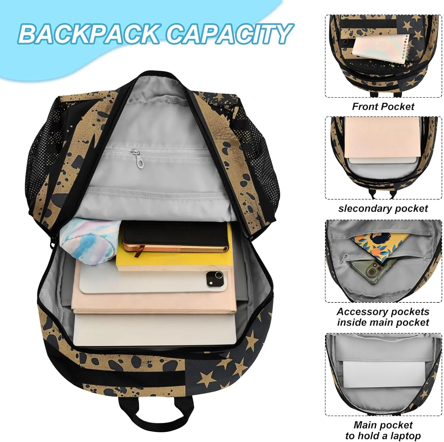 Camo Flag Kid Backpack with Chest Strap, Backpack Lunch Bag, Middle School Backpack, Backpacks for Girls