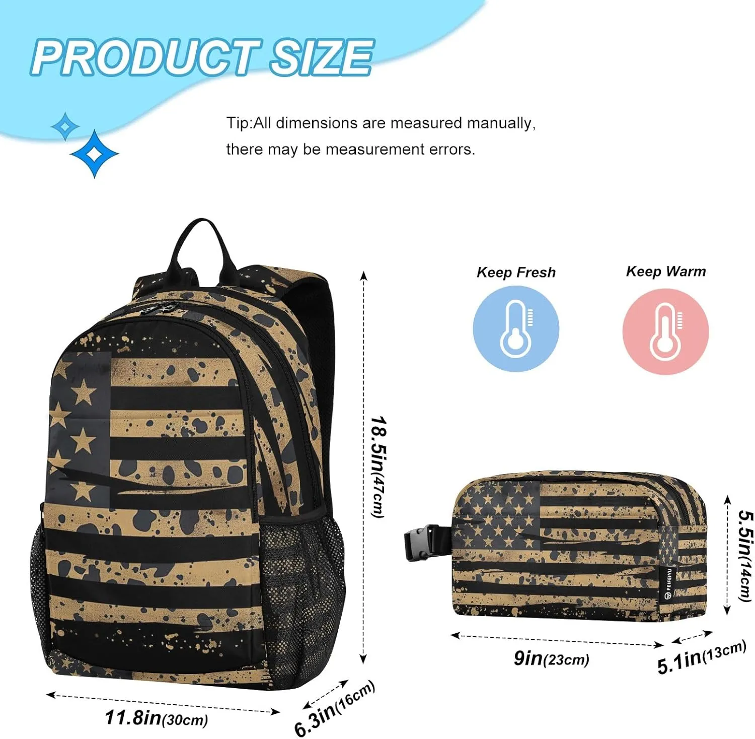 Camo Flag Kid Backpack with Chest Strap, Backpack Lunch Bag, Middle School Backpack, Backpacks for Girls