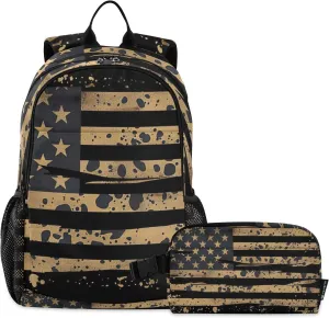 Camo Flag Kid Backpack with Chest Strap, Backpack Lunch Bag, Middle School Backpack, Backpacks for Girls