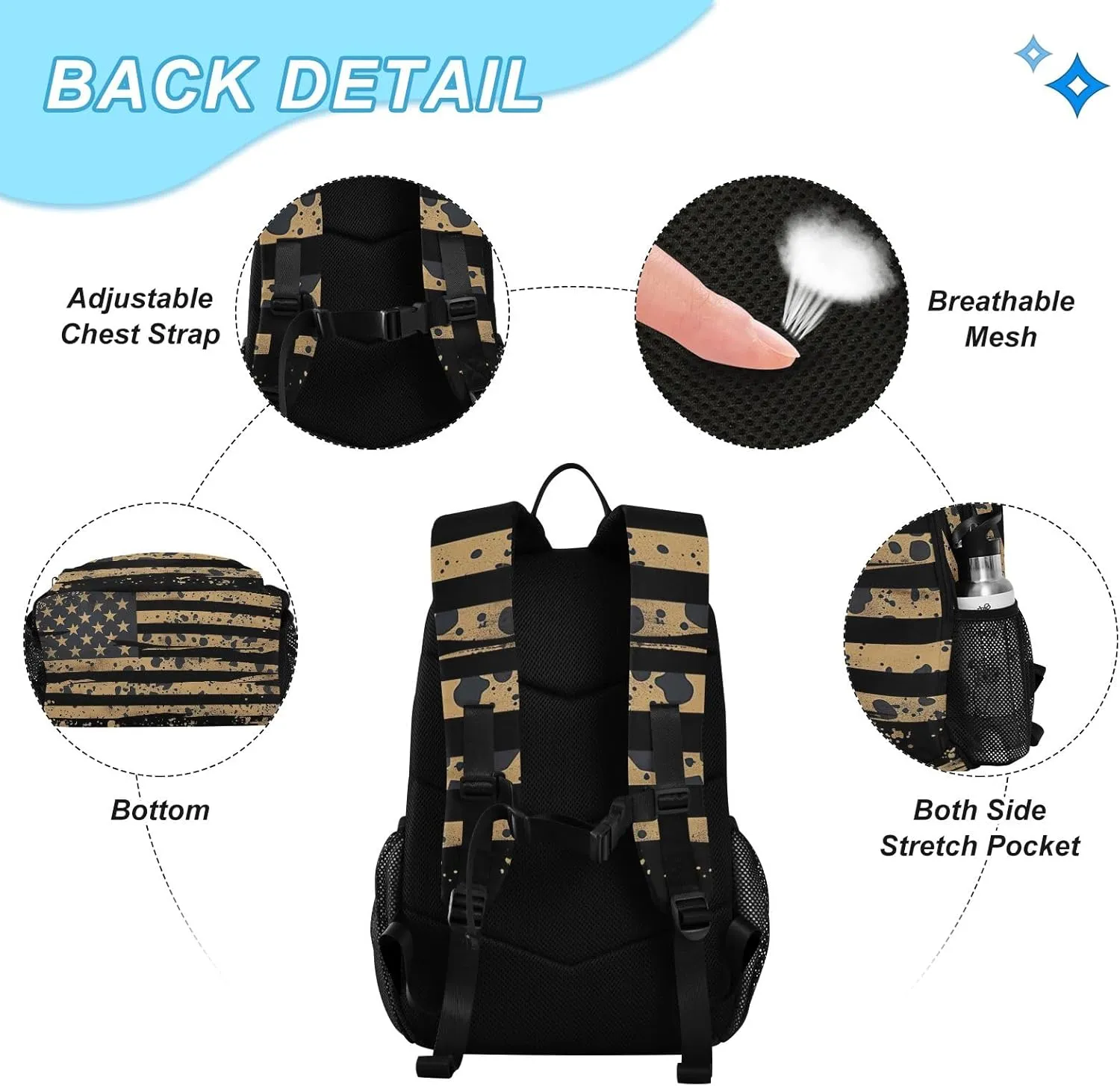 Camo Flag Kid Backpack with Chest Strap, Backpack Lunch Bag, Middle School Backpack, Backpacks for Girls