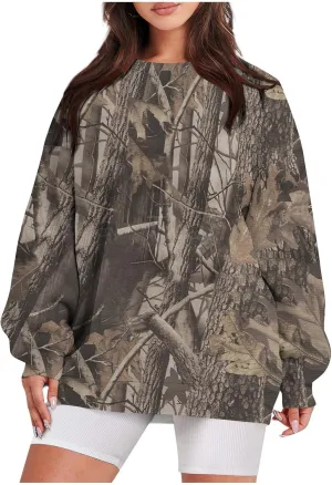 Camo Sweatshirt for Women Maple-Leaf Print Camo Crewneck Sweatshirts Long Sleeve Oversized Sweater Pullover Casual Tops