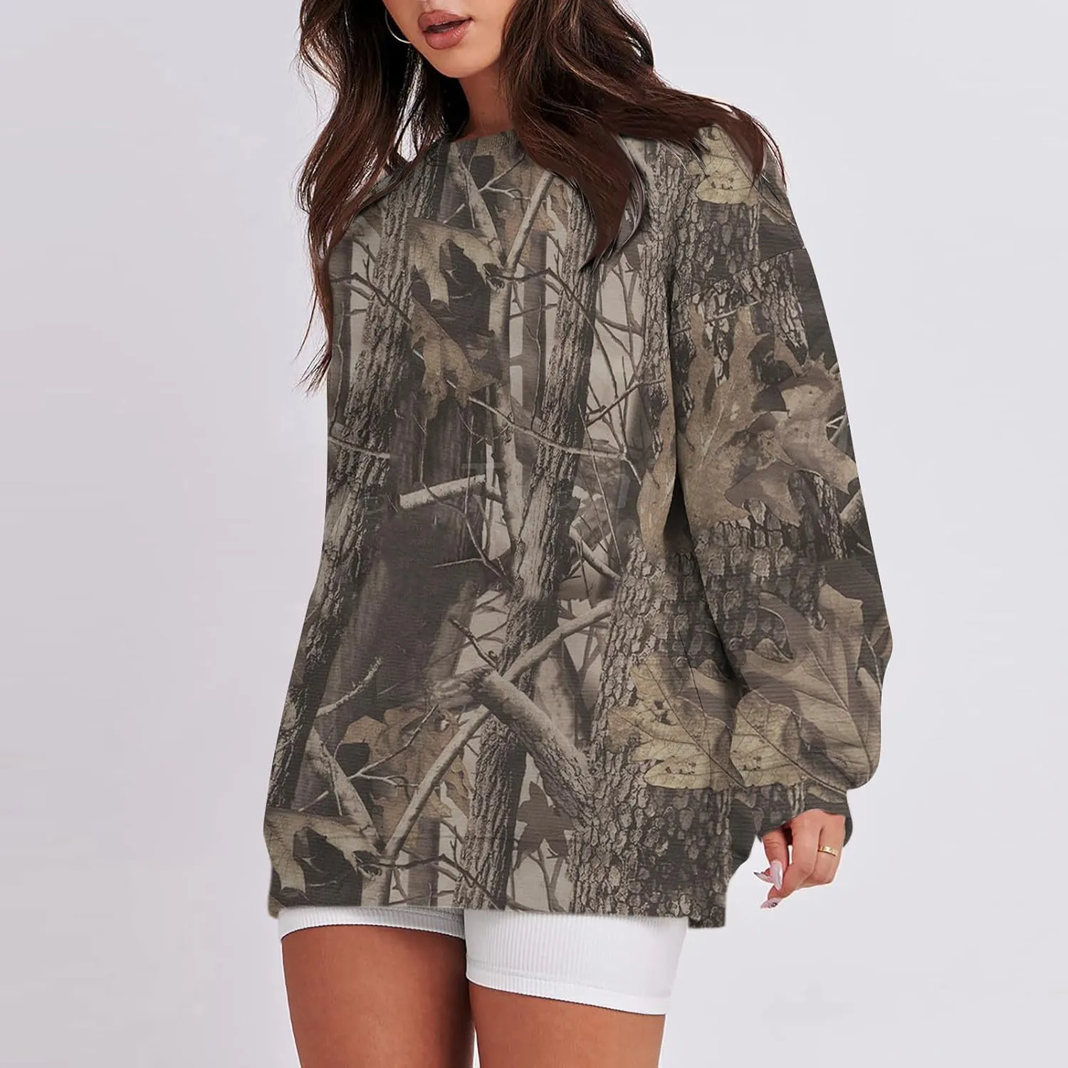 Camo Sweatshirt for Women Maple-Leaf Print Camo Crewneck Sweatshirts Long Sleeve Oversized Sweater Pullover Casual Tops