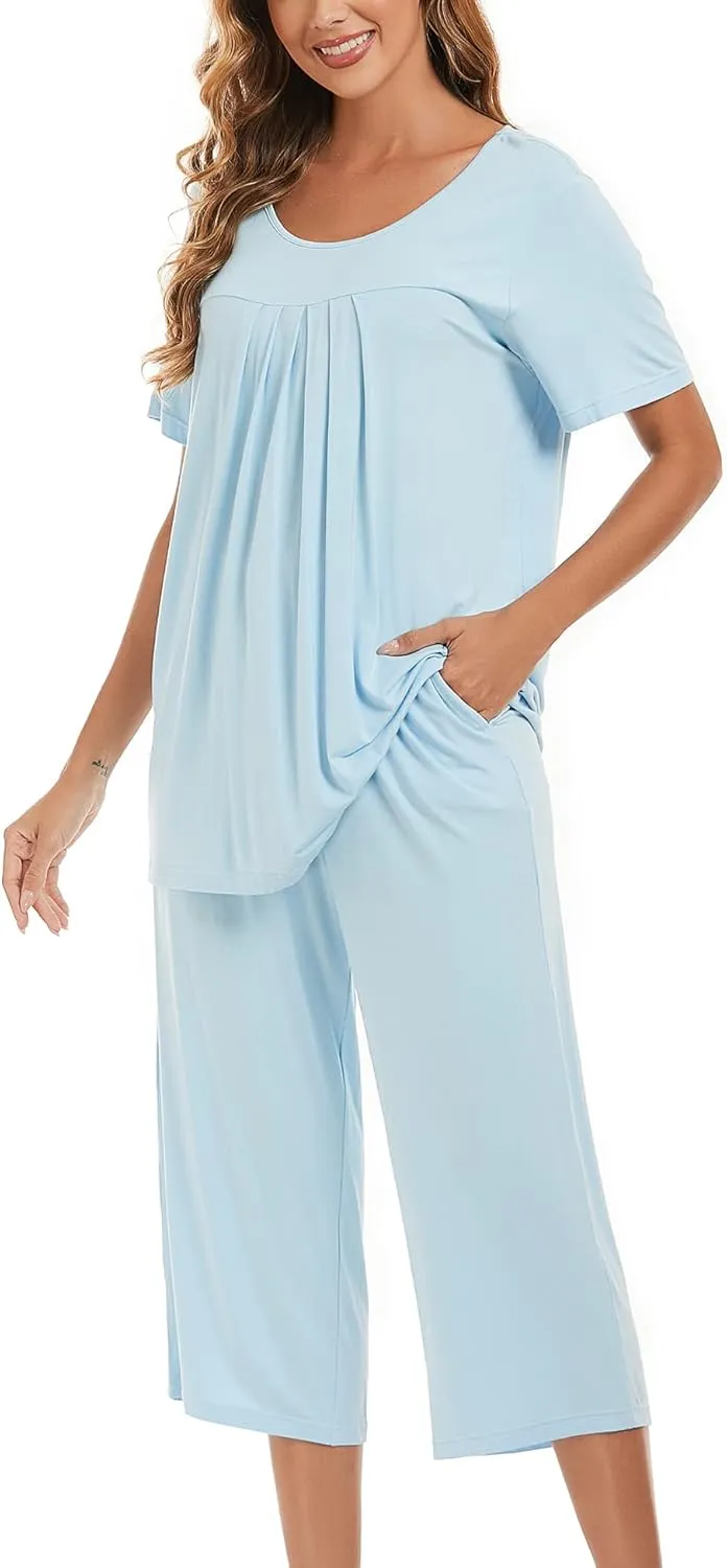 COLORFULLEAF Womens Pajama Sets Summer Pjs Lounge Sets for Women Soft Sleepwear Top and Capri Pants with Pockets