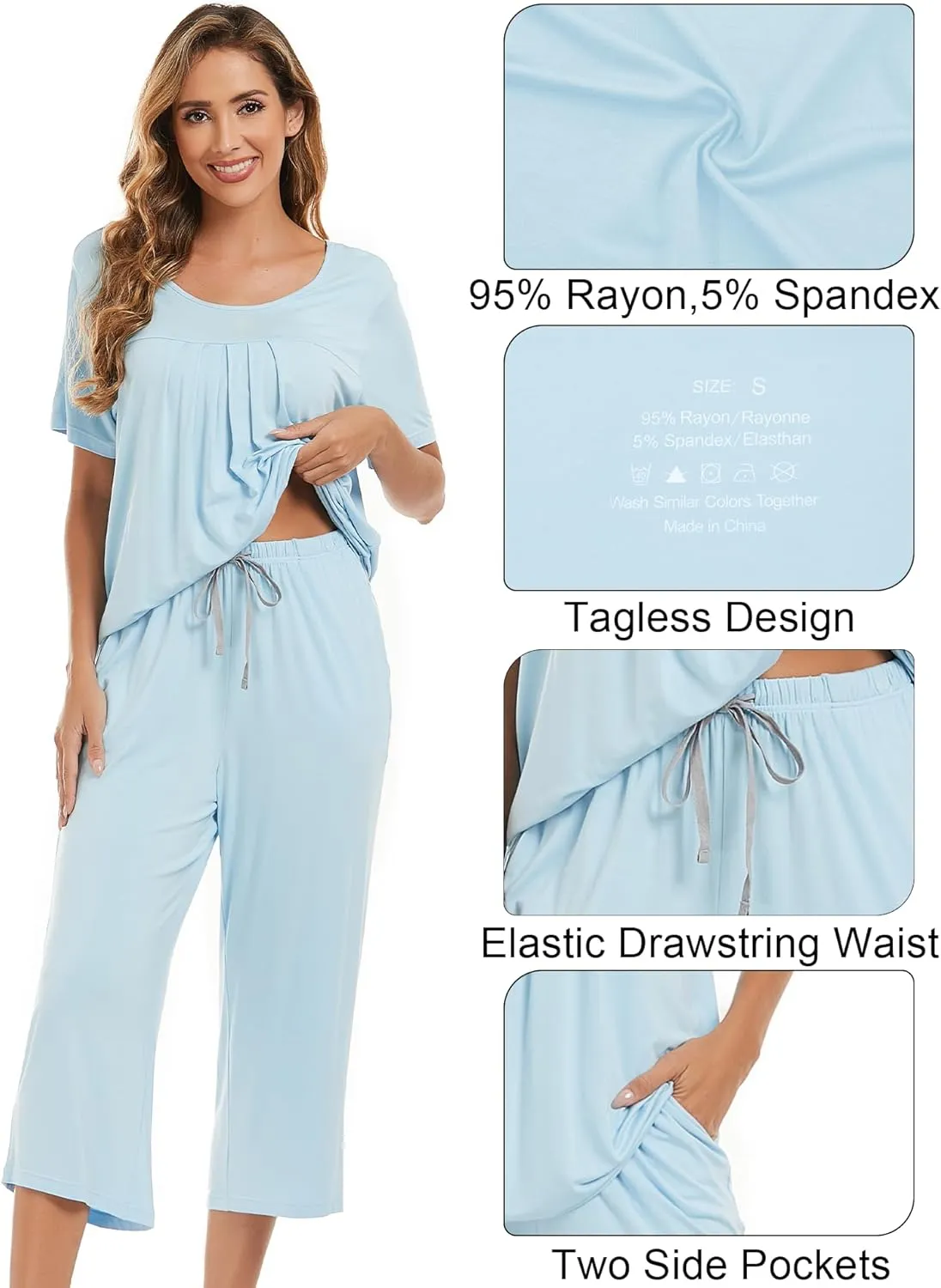 COLORFULLEAF Womens Pajama Sets Summer Pjs Lounge Sets for Women Soft Sleepwear Top and Capri Pants with Pockets