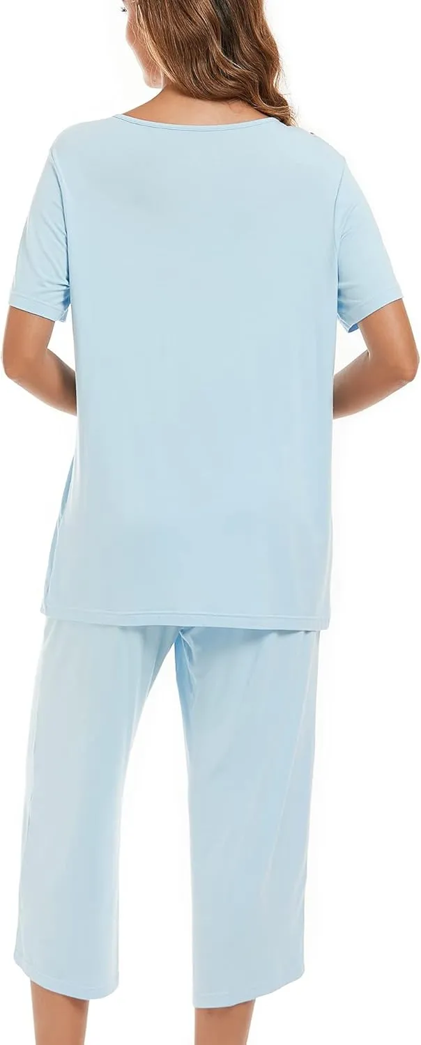 COLORFULLEAF Womens Pajama Sets Summer Pjs Lounge Sets for Women Soft Sleepwear Top and Capri Pants with Pockets