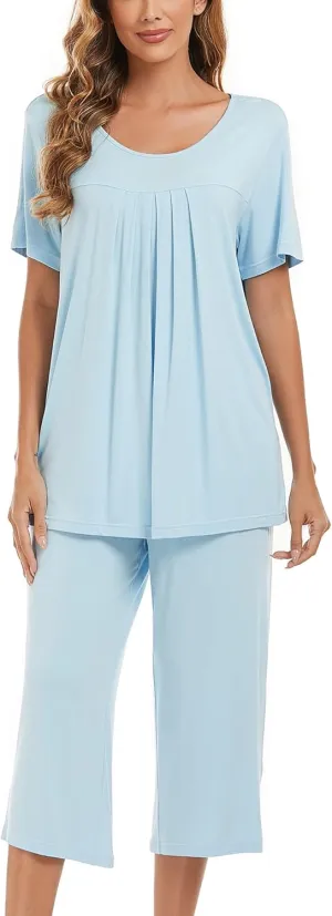 COLORFULLEAF Womens Pajama Sets Summer Pjs Lounge Sets for Women Soft Sleepwear Top and Capri Pants with Pockets
