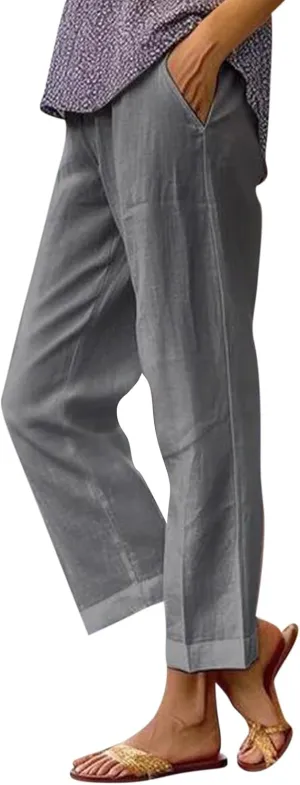 Cotton Linen Pants Women Summer Elastic Waist Straight Leg Plus Size Cropped Pants Casual Beach Trousers with Pockets