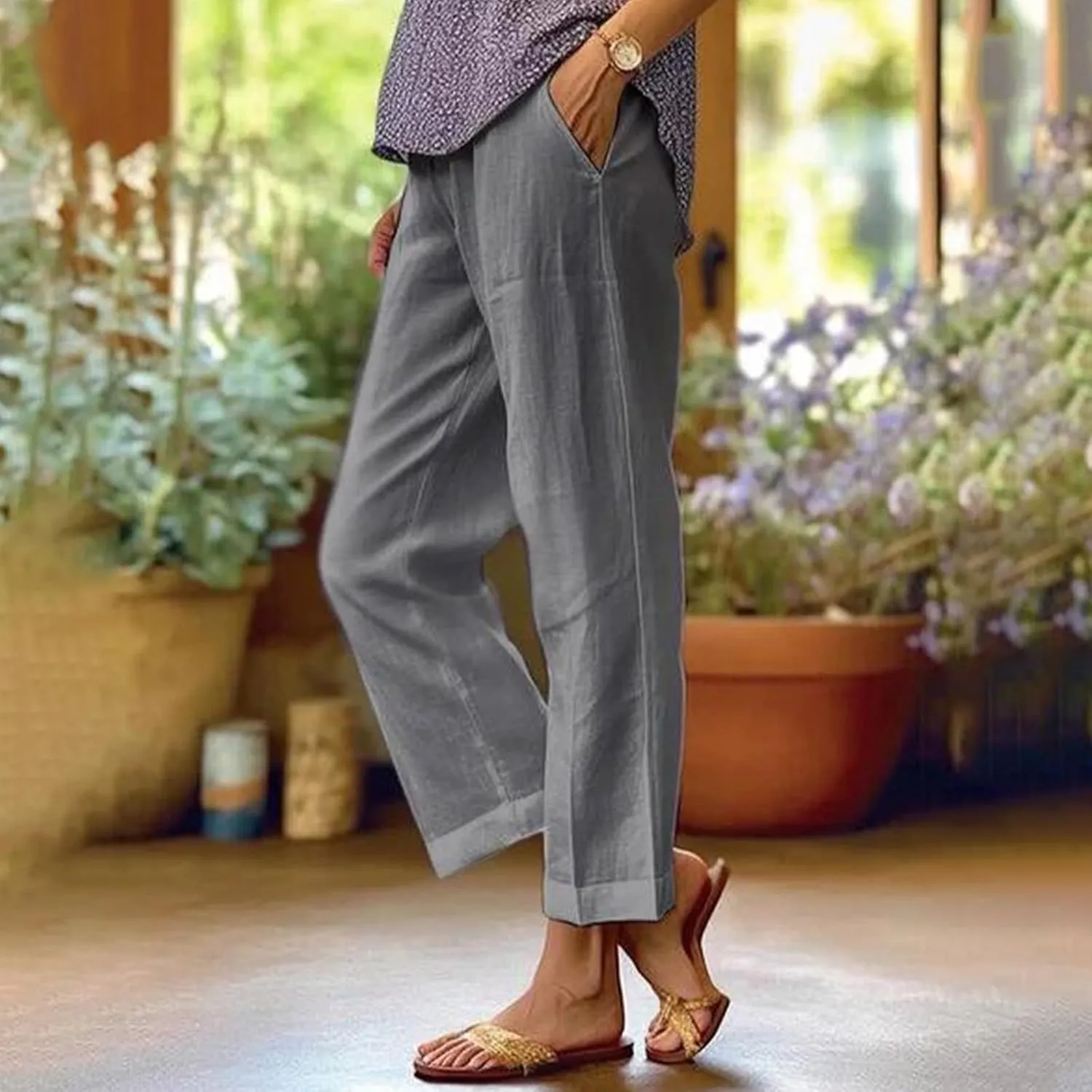 Cotton Linen Pants Women Summer Elastic Waist Straight Leg Plus Size Cropped Pants Casual Beach Trousers with Pockets