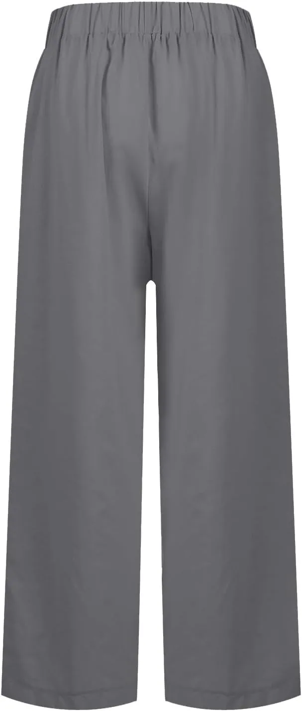 Cotton Linen Pants Women Summer Elastic Waist Straight Leg Plus Size Cropped Pants Casual Beach Trousers with Pockets